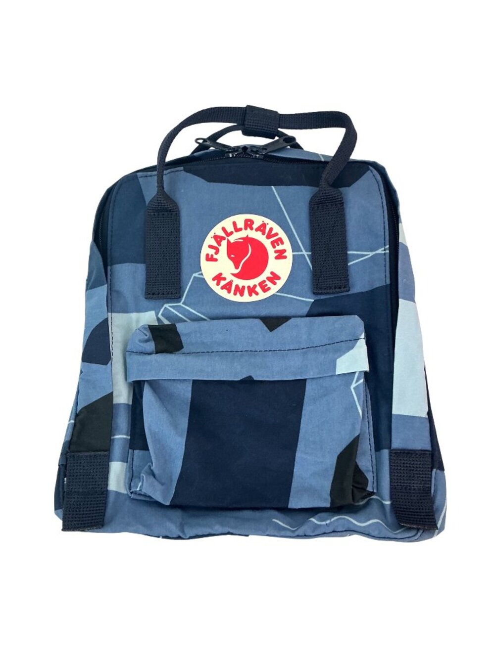 Fjallraven Kanken Mini Backpack Blue Geometric Print With Front Zip Pocket & Adj
